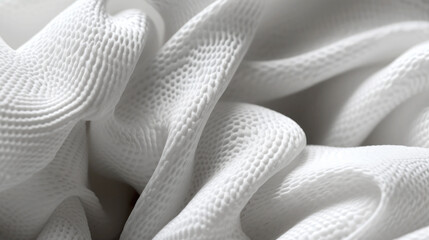 Close-up view reveals the abstract waves texture of white soft fabric, creating a visually engaging backdrop for web design. Wide web banner. Copy space. Generative AI