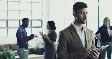 Fototapete - Thinking, tablet and face of businessman in office for research, planning and company website. Social media, contact and email with portrait of employee for digital marketing or innovation at startup