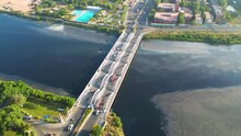 Drone Video Of A Bridge With Still Water Under It Beside A Beach In Southern Part Of India, Chennai, Napier Bridge