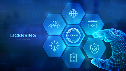 Licensing. License agreement. Copyright protection law license property rights. Business technology concept. Wireframe hand places an element into a composition visualizing Licensing. Vector.
