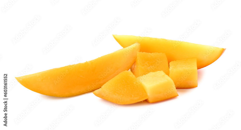 Pieces of fresh ripe mango on  white background