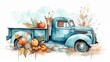 Vintage watercolor turquoise truck on a farm during the Autumn