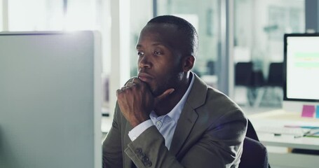 Aufkleber - Thinking, serious or black man on computer for company strategy, reading news blog or internet content in office. Focus, search or male on tech for planning, online networking or website research