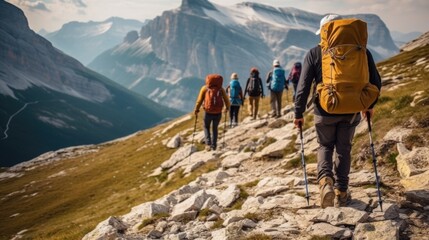Wall Mural - mountain guide leading a group of hikers generative ai