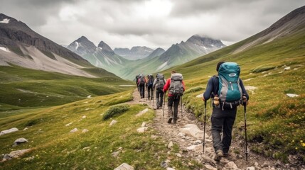 Wall Mural - mountain guide leading a group of hikers generative ai