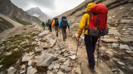 Wall Mural - mountain guide leading a group of hikers generative ai
