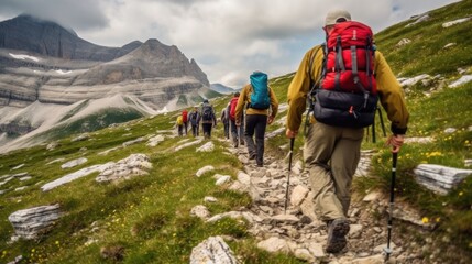 Wall Mural - mountain guide leading a group of hikers generative ai