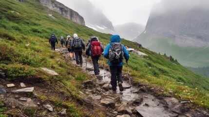 Wall Mural - mountain guide leading a group of hikers generative ai