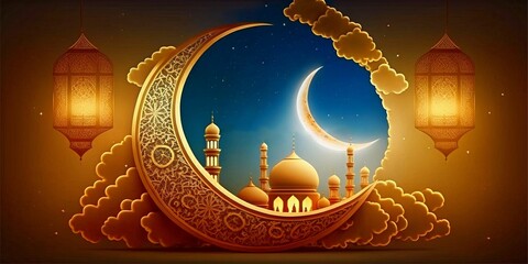 Wall Mural - Elegant Islamic background with shining lantern, create with generative AI.