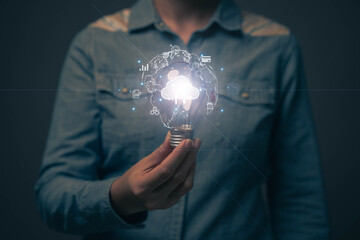Poster - Hand holding a light bulb. The concept of getting ideas from big data sources with cloud technology. light bul