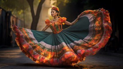 LATIN MEXICAN FOLKLORE, TRADITIONAL, COLORFUL, CULTURAL, REGIONAL DANCER. ai generative