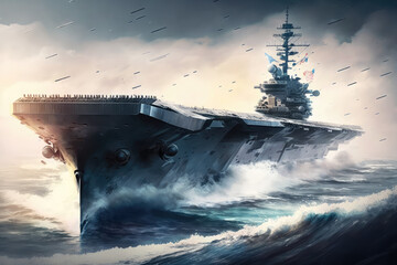 Poster - military aircraft carrier ship sailing on sea, generative AI