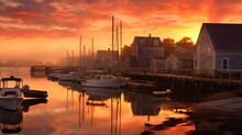 New England Fishing Village At Sunrise. Generative AI