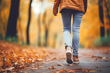 Wall Mural - Back view of a woman walking in autumn park, Generative AI