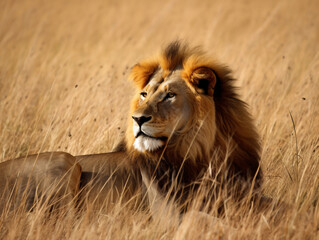 Wall Mural - a lion laying in a field of tall grass in the savannah generative ai