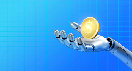 Poster - AI makes money concept. Golden coin money on robot humanoid hand on network cyberspace background with copy space. Artificial intelligence assistance service for work and earning income for business.