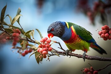 Portrait beautiful macaw eating fruit on branch AI Generative