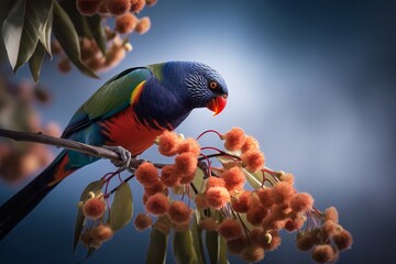 Portrait beautiful macaw eating fruit on branch AI Generative