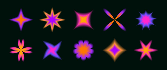 Wall Mural - Y2k soft neon gradient flowers and stars set. Blurred flower aura collection. Colorful abstract trendy elements for logo, templates, badges, stickers, collages. Vector pack 
