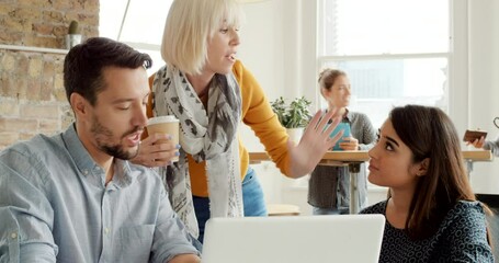 Aufkleber - Creative, laptop or business people planning marketing schedule, social media KPI growth or strategy. Networking, research or startup employee in office for communication, meeting or data analysis