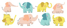 Set Of Cute Elephants Vector. Adorable Wild Life Elephant In Different Poses, Happy, Sitting, And Decorative Elements. Happy Wild Animals Illustration Design For Education, Kids, Poster, Stickers.