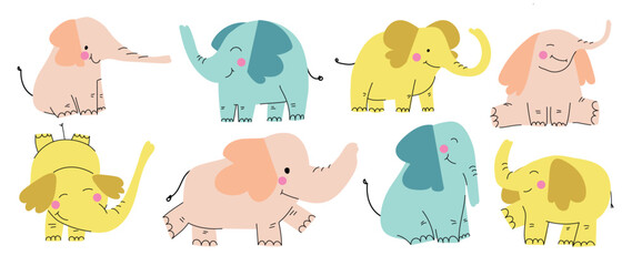  Set of cute elephants vector. Adorable wild life elephant in different poses, happy, sitting, and decorative elements. Happy wild animals illustration design for education, kids, poster, stickers.