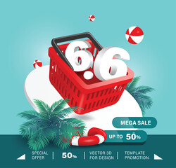 6.6 white 3D in shopping basket and there are coconut trees, lifebuoys and mega sale promotion sign with 50% discount on front