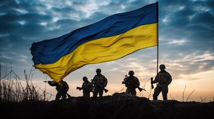 Ukrainian military army soldiers. Flag of Ukraine. uniform, weapons, camouflage, armed forces, war, invasion. Created with generative AI