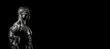© JoelMasson - Black and white photorealistic studio portrait of a muscular bodybuilder on black background. Generative AI illustration