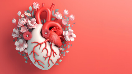 Heart organ with blooming flowers isolated, health and disease concept, AI Generated banner in 3d style