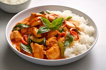 Rice with chicken curry and basil leaf AI Generative