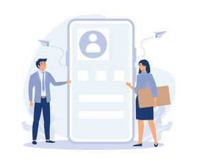Poster - Social Network Development, Colleagues Discussing user Interface Design,  flat vector modern illustration