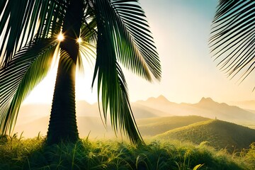 beautiful landscape with palm leaf silhouette , hyper-realistic photo