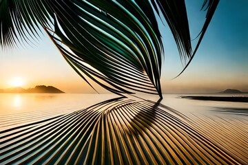 beautiful landscape with palm leaf silhouette , hyper-realistic photo