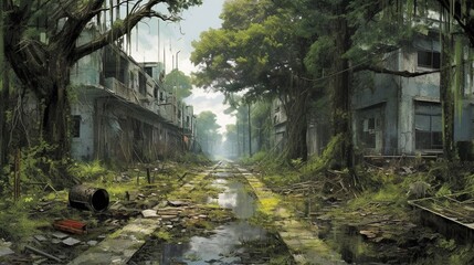 Wall Mural - Digital painting abandoned city with trees AI Generative