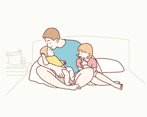 Family hugging together on the bed. Hand drawn style vector design illustrations.