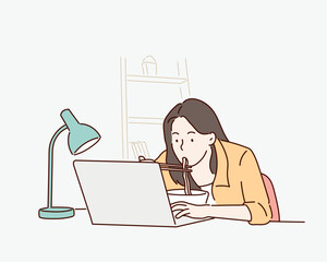 Wall Mural - business woman working and eating asian noodles. hand drawn style vector design illustrations.