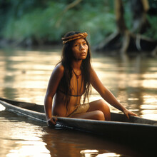 A Young Indian Girl On A Canoe In The Amazon Rainforest - Generative Ai