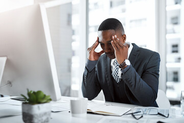 Aufkleber - Professional black man, headache and stress in workplace with burnout, depression and brain fog in office. Male person with pain at desk, migraine and tired, overworked and business crisis anxiety