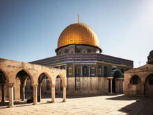 Intense Midday Light Reflecting Off Golden Domes Of Al-Aqsa Mosque, Painting - Generative AI