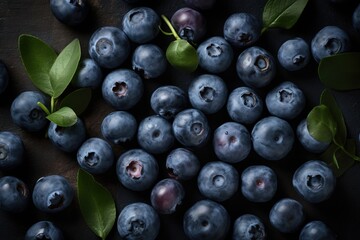  a bunch of blueberries with green leaves on a black surface with a black background and a few more blueberries on the table with green leaves.  generative ai