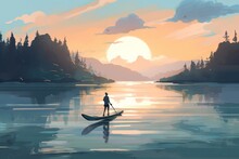  A Man Riding A Boat On Top Of A Lake Under A Cloudy Sky With A Sun In The Distance And Trees In The Foreground.  Generative Ai