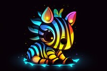  A Colorful Zebra Sitting On Top Of A Puddle Of Water On A Black Background With A Blue And Yellow Stripe On It's Head.  Generative Ai