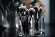 A Close Up Of A Bunch Of Makeup Brushes In A Cup On A Table Next To A Vase With Flowers In The Back Of It.  Generative Ai