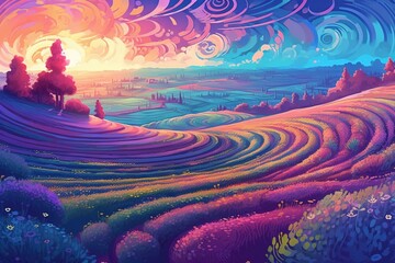 Wall Mural -  a painting of a colorful landscape with trees in the foreground and a sunset in the background with swirls in the sky and clouds.  generative ai