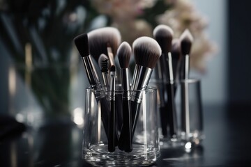  a close up of a bunch of makeup brushes in a cup on a table next to a vase with flowers in the back of it.  generative ai