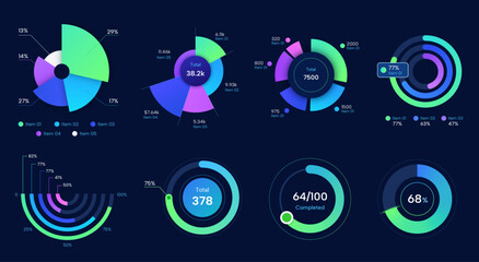 set of colorful dark cool pie chart, visual chart