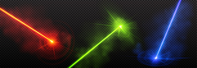 Poster - Realistic set of laser lights isolated on transparent background. Vector illustration of neon red, green and blue energy rays with smoke effect. Bright projector lines. Futuristic weapon. Magic flash