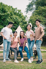 Group Asian people picnic outside