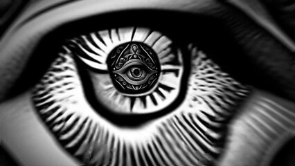 Seamless animation of a zoom in engraving eyes illustration in black and white with turbulence effect.